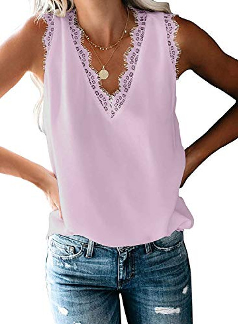 Mosucoirl Women Lace Camisole V Neck Lace Trim Tank Tops Casual Loose Sleeveless Blouse Shirts Light Purple  Medium Mosucoirl Women Lace Camisole V Neck Lace Trim Tank Tops Casual Loose Sleeveless Blouse Shirts Light Purple  Medium