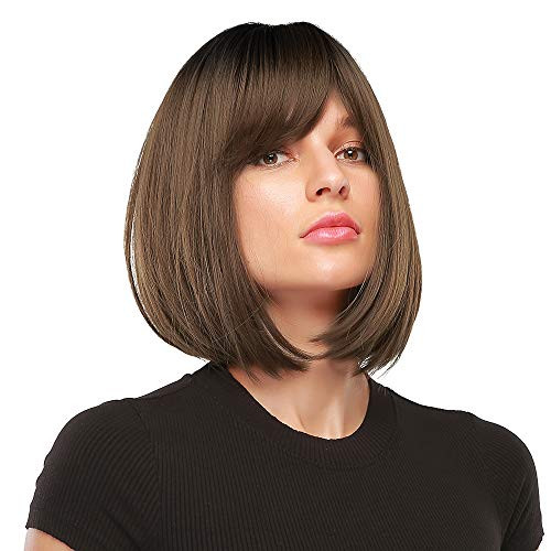 MORICA Short Bob Wig with Bangs Ombre Brown Wig with Dark Brown Roots Straight Bob Synthetic Wig for Women Natural Heat Resistant Side Part Wigs 14 Inches for Party Daily Wear MORICA Short Bob Wig with Bangs Ombre Brown Wig with Dark Brown Roots Straight Bob Synthetic Wig for Women Natural Heat Resistant Side Part Wigs 14 Inches for Party Daily Wear