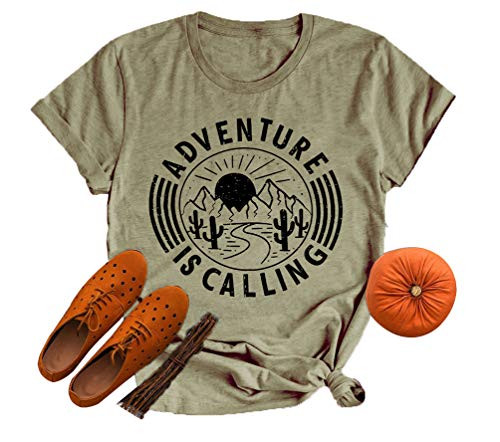 Womens Adventure is Calling Shirt Awaits Mountain Print Tee Short Sleeve Hiking Tops A Army Green M Womens Adventure is Calling Shirt Awaits Mountain Print Tee Short Sleeve Hiking Tops A Army Green M