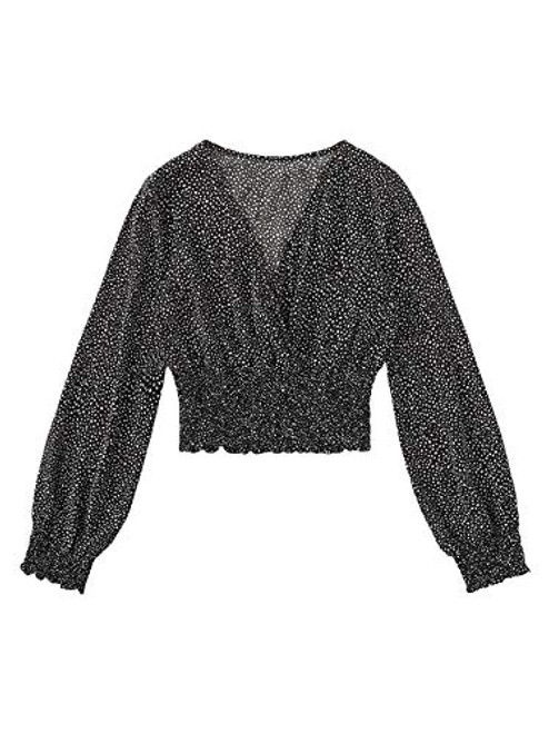 LYANER Women s V Neck Shirred Polka Dots Long Sleeve Frill Crop Blouse Shirt Tops Black Medium