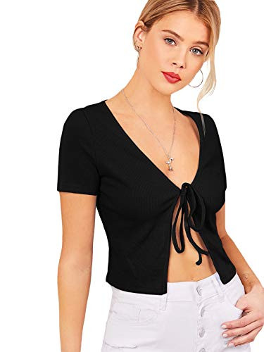 SOLY HUX Women s V Neck Tie Open Front Short Sleeve Ribbed Knit Crop Top Black S