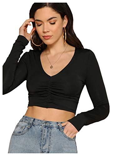 SheIn Women s Casual Long Sleeve V Neck T Shirts Solid Ruched Front Crop Tee Top Black X Small