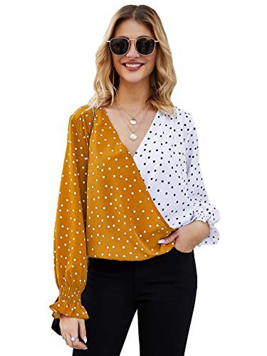 Romwe Women s Colorblock Polka Dots Flounce Long Sleeve V Neck Tops Blouse Shirts Yellow White L