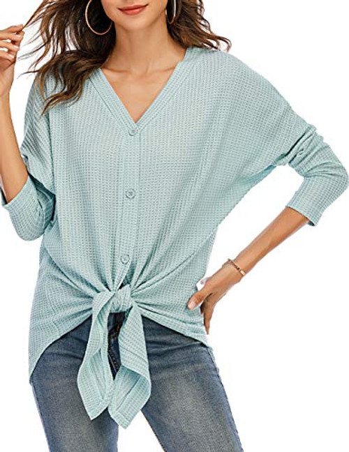 DRESSTELLS Womens Waffle Knit Tunic Blouse Loose Fitting Bat Wing Plain Shirts Knot Henley Tops with Tie Lakeblue S DRESSTELLS Womens Waffle Knit Tunic Blouse Loose Fitting Bat Wing Plain Shirts Knot Henley Tops with Tie Lakeblue S