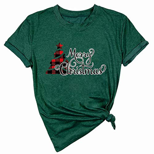 MYHALF Merry Christmas Shirt Women Plaid Christmas Tree T Shirt Casual Short Sleeve Tops Tee Shirts Green