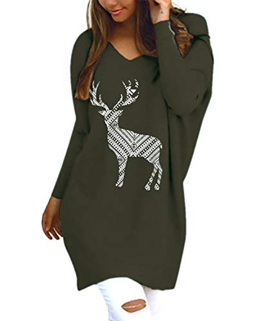StyleDome Women s Long Sleeve V Neck Pullover Tunic Tops Casual Loose Knit Blouse Elk Green S
