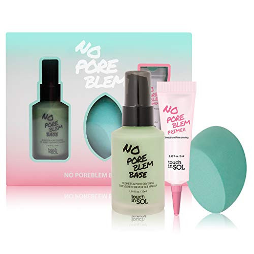 TOUCH IN SOL No Pore Blem Primer Base Kit  Base 30ml   Makeup Sponge Blender 1 Pcs   Primer 5ml    Redness   Pore Covering Green Toned Makeup Base Primer  Color  Minimize Rosacea  Redness