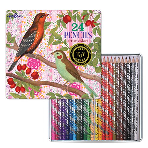 eeBoo Colored Pencils in Birds with Berries Tin Case  Set of 24