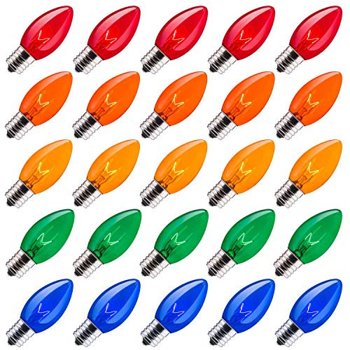 Brightown 50 Pack C9 Incandescent Bulb  C9 Christmas Replacement Light Bulb for Christmas String Light  E17 Intermediate Base  7 Watt  Multicolor