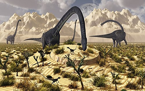 Posterazzi An Omeisaurus sauropod dinosaur stumbles across a UFO buried for an unknown period of time as it grazes on the local vegetation Poster Print   17 x 11