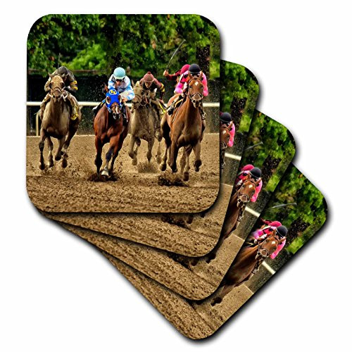 3dRose CST 98372 1 Horses and Jockeys Racing to Finish Line  Mud Flying Soft Coasters  Set of 4