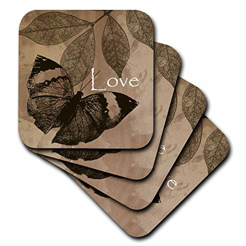 3dRose CST 99247 1 Brown Butterfly with Leaves Love Soft Coasters  Set of 4