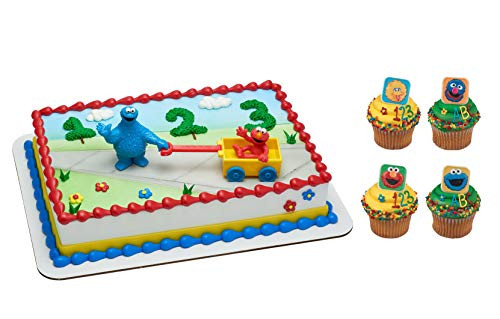 Elmo and Cookie Monster Cake Topper with 24 Big Bird  Elmo  Grover and Cookie Monster Cupcake Rings and 24 Assorted Colored Spiral Candles