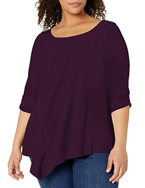 Star Vixen Women s Plus Size Elbow Cinch Sleeve Hanky Hem Top  Plum Solid  3X