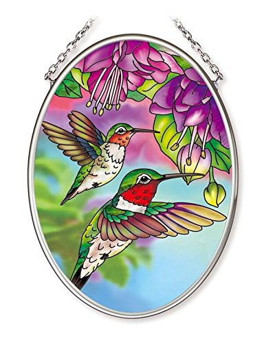 Amia Hummingbird   Fuschia Glass Oval Suncatcher