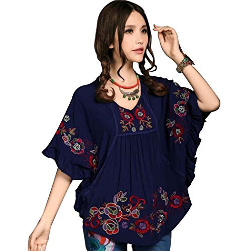 Kafeimali Women s Tops Batwing Floral Embroidered Loose Peasant Mexican Blouse  Navy Blue