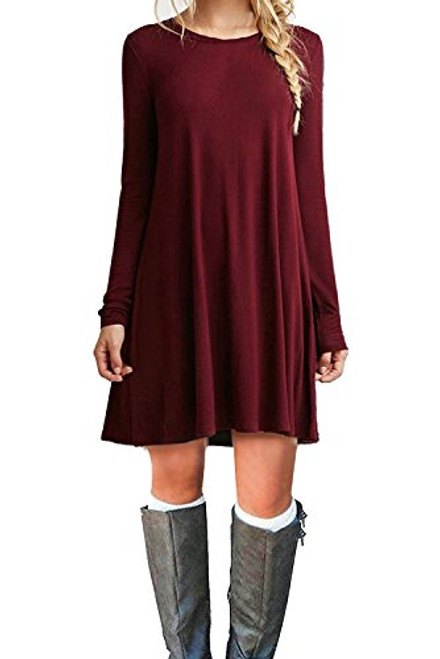 MOLERANI Women s Casual Plain Long Sleeve Simple T Shirt Loose Dress  L  Wine Red