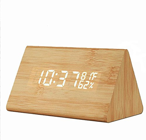Funwill Wooden Digital Alarm Clock,Three Alarm Sets, Time LED Display, 3 Levels Brightness, Temperature and Humidity Intelligent Voice Control Electronic Clock for Bedside (Brown)