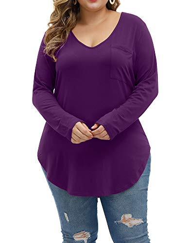 Allegrace Women s Plus Size Tops Long Sleeve Casual Scoop Collar Pocket T Shirts Purple 1X