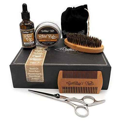 Beard Grooming and Trimming Kit for Men Care, Unscented Beard Oil, Mustache and Beard Balm Butter Wax, Beard Brush, Beard Comb, Barber Scissors for Styling, Shaping and Growth Set Box