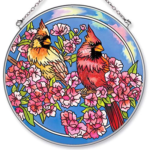 Amia Handpainted Glass Cardinals in The Pink Suncatcher  6 1 2 Inch