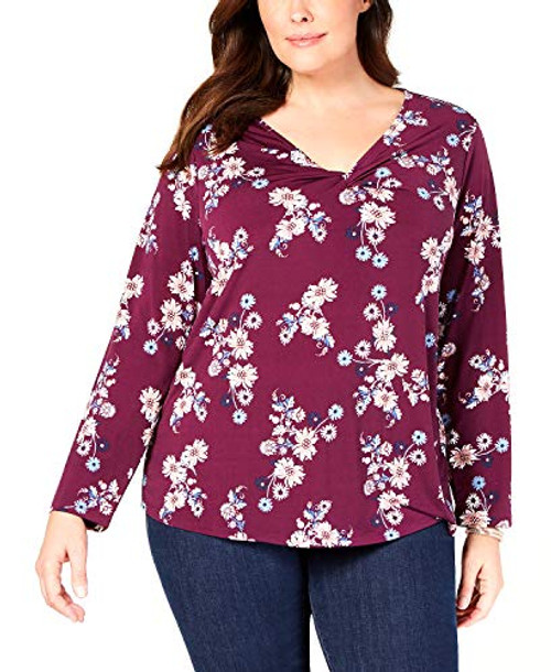 Style   Co  Womens Plus Floral V Neck Blouse Purple 2X