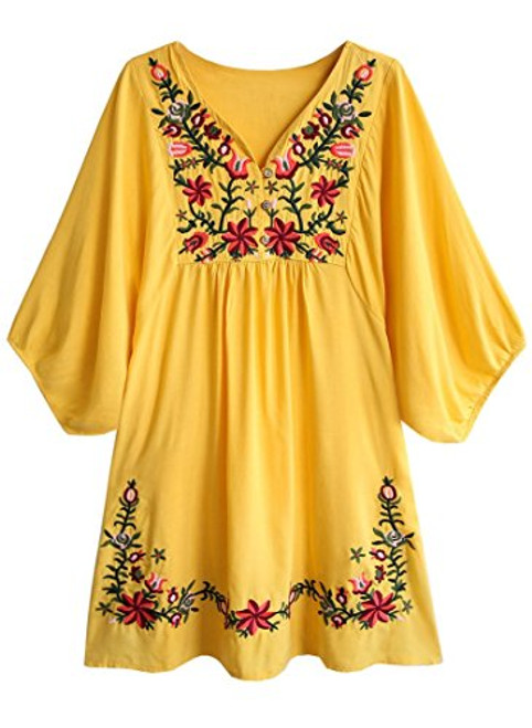 Kafeimali Summer Dress V Neck Mexican Embroidered Peasant Women s Dressy Tops Blouses  Yellow