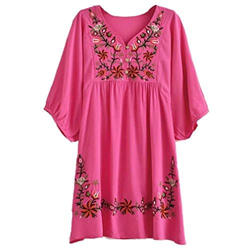 Kafeimali Summer Dress V Neck Mexican Embroidered Peasant Women s Dressy Tops Blouses  Rose Red