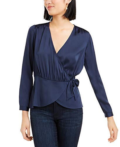 Bar III   Faux Wrap Tie Waist Top   Navy Blazer   S