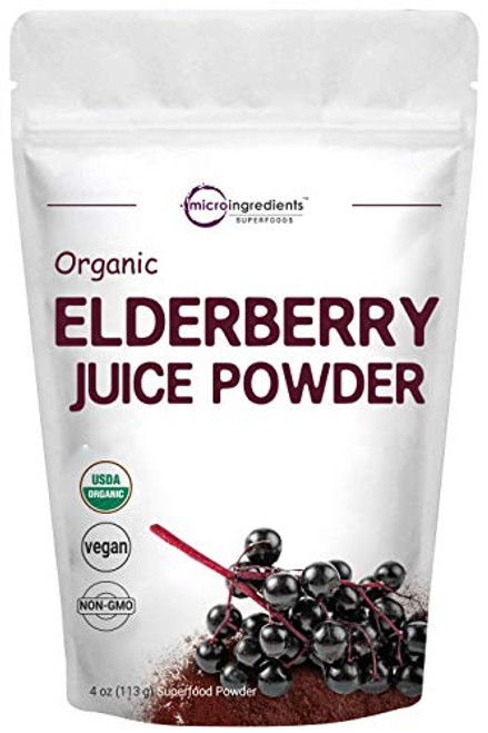 Certified Organic Elderberry Juice Powder  4 Ounce  Rich in Immune Vitamins  Strongly Supports Immune System  Energy and Vascular Health  No GMOs and Vegan Friendly