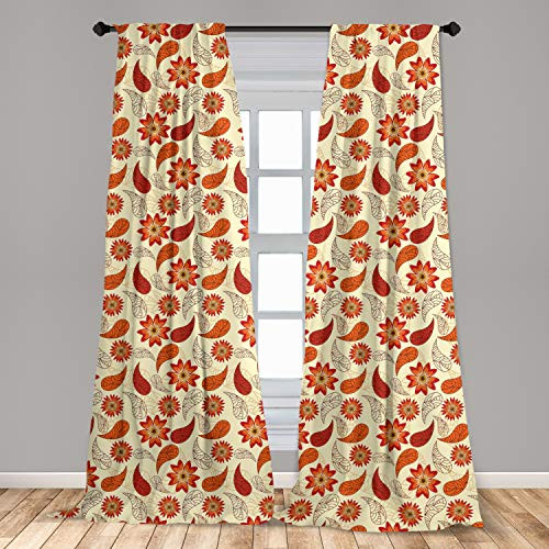 Ambesonne Orange 2 Panel Curtain Set  Red Poppy Flowers in Retro Style and Leaves Flourish Paisley Pattern  Lightweight Window Treatment Living Room Bedroom Decor  56  x 63   Orange Peach