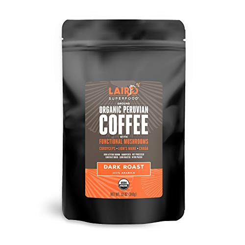 Laird Superfood Dark Roast Coffee with Functional Mushrooms   Certified Organic Peruvian Ground Coffee Beans  12oz Bag