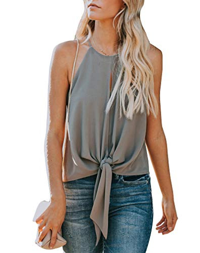 Topstype Women s Summer Sleeveless Crew Neck Tank Tops Camis Front Tie Knot Casual Shirt Keyhole Front Blouse Small Grey