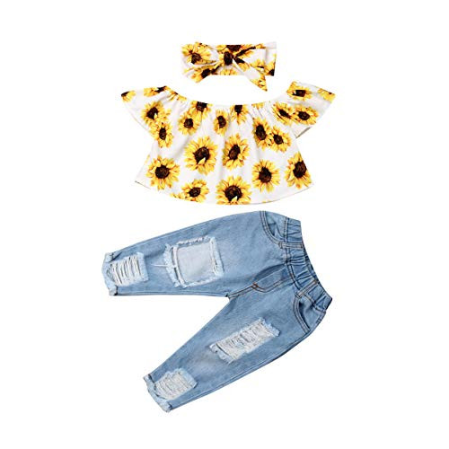 Toddler Baby Girl Off Shoulder Sunflower Shirts Top Blouse Denim Ripped Jeans Pants Outfits Clothes Sets  White  18 24 Months