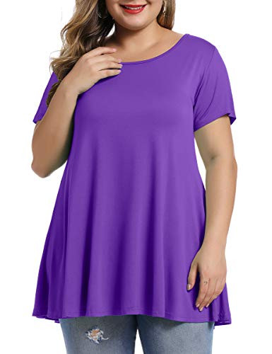 MONNURO Womens Short Sleeve Casual Loose Fit Flare Swing Tunic Tops Basic T Shirt Plus Size Deep Purple 4X
