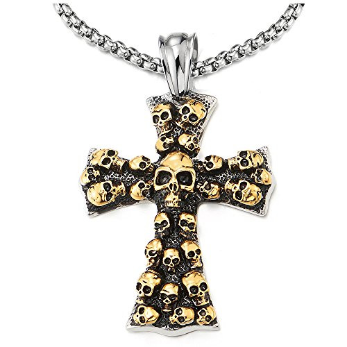 COOLSTEELANDBEYOND Mens Large Gothic Vintage Gold Skulls Cross Pendant Necklace of Steel  30 inches Wheat Chain