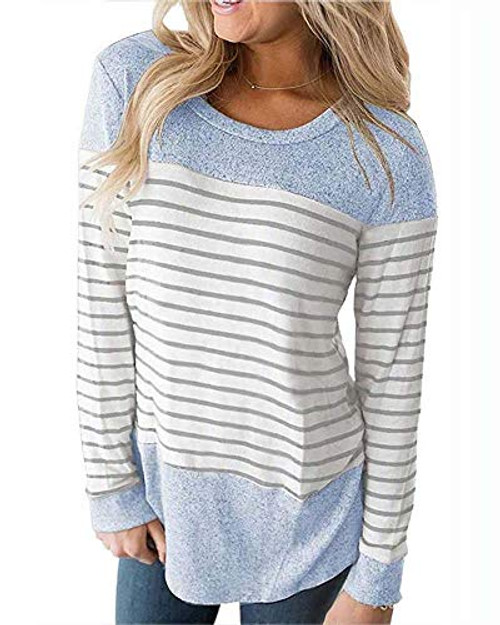 Womens Tops Long Sleeve T Shirt Color Block Striped Shirt Casual Tunic Blue L Womens Tops Long Sleeve T Shirt Color Block Striped Shirt Casual Tunic Blue L