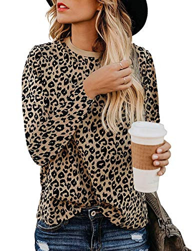 Women s Leopard Print Blouses Long Sleeve Crewneck Basic Casual Top Soft Shirts  Small  Aa Coffee Leopard