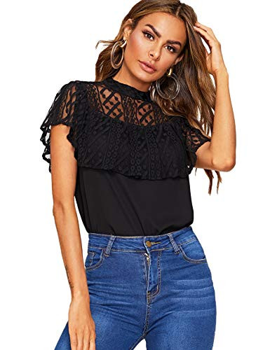 WDIRARA Women s Lace Ruffle Trim Sheer Blouse Summer Short Sleeve Top Black M
