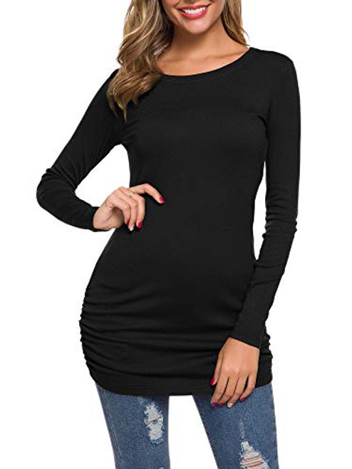 TORARY Womans Black Tunic Top Casual Long Sleeves Slim Ruched T Shirt Work Blouse Black X Large