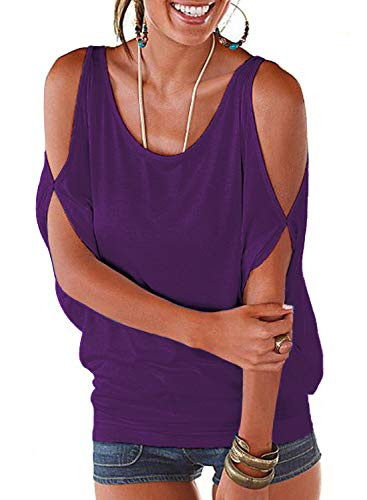 LEIYEE Womens Summer Cold Shoulder Tops Short Sleeve T Shirts Pullover Casual Dolman Blouses  M  Deep Purple