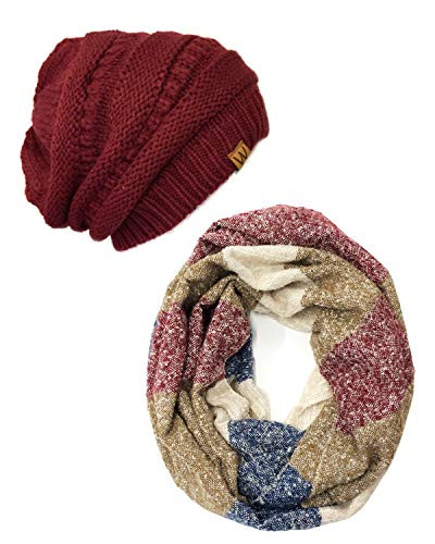Bowbear Tricolor Winter Knit Infinity Scarf with Beanie  WCMC   Wine Red