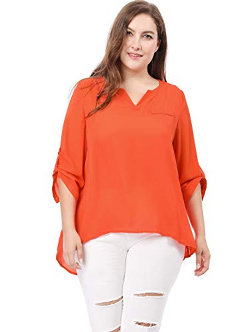 uxcell Women s Plus Size Split Neck High Low Hem 3 4 Sleeves Blouse Orange 3X