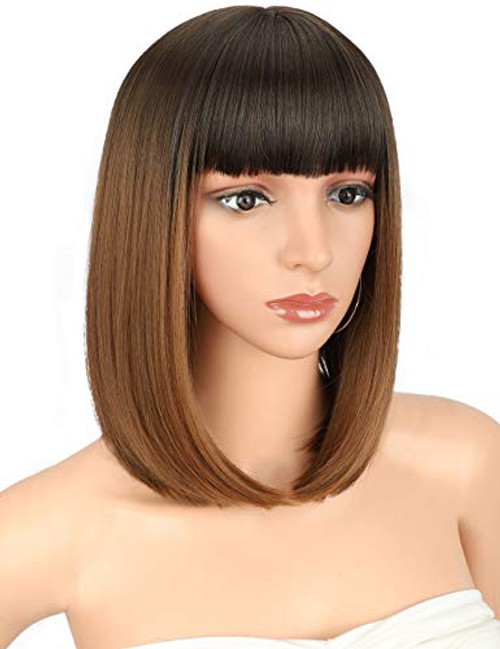 Kalyss 14 Short Bob Wigs with Hair Bangs for Women Premium Synthetic Ombre Black to Brown Full Hair Wigs
