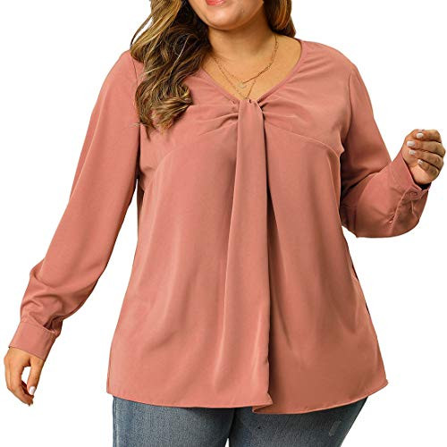 Agnes Orinda Women s Plus Size Blouse V Neck Twist Knot Long Sleeve Tops Peach 2X