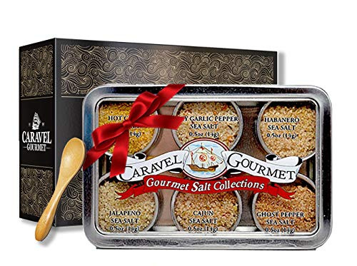 The Spicy Hot Gourmet Sea Salt Sampler   Reusable Tins   Bamboo Spoon   Ghost Pepper  Habanero  Jalapeno  Garlic Pepper  Cajun and Curry Salts   by Caravel Gourmet