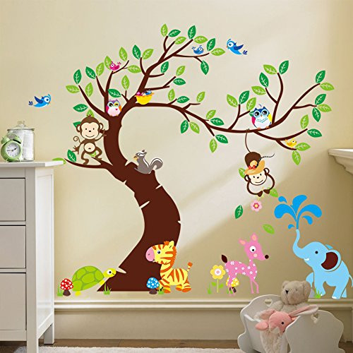 Fymural Cartoon Kid Bedroom Decor   Forest Animal Monkey Owls Hedgehog Tree Wall Sticker Baby Swing Nursery Murals Decals DIY Vinyl Removable Wall Art for Kids Girls Room  Y1214