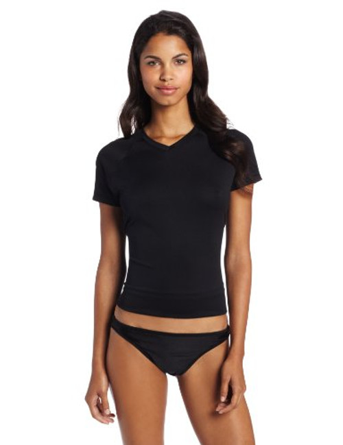 Kanu Surf Women s UPF 50  Short Sleeved Active Swim Shirt Rashguard   Workout Top  Solid Black  Medium