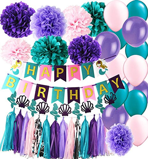 Mermaid Party Supplies Mermaid Teal Purple Pink Latex Ballons Tissue Pom Pom Teal Purple Happy Birthday Banner with Glitter Gold Letters Tassel Garland Mermaid/Under the Sea Birthday Decorations