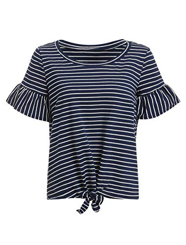 Romwe Women s Striped Short Sleeve Tie Front Knot Casual Loose Fit Tee T Shirt Navy S